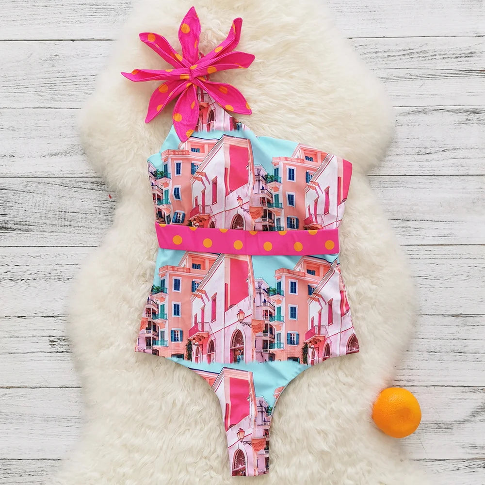 Ruffle Print Floral One Piece Strappy One shoulder Swimwear Women Swimsuit Bathing Suit Backless Beachwear Monkini