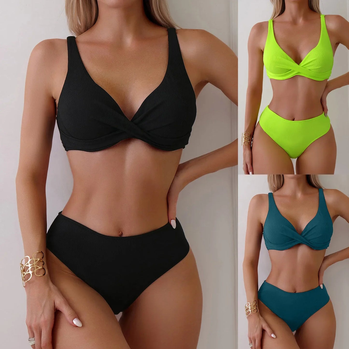 OIINAA Bikini Sets Swimsuit Women Two-Piece Suits Swimwear Solid Color Deep V-Neck Bathing Suit Beach Vacation Swimsuit