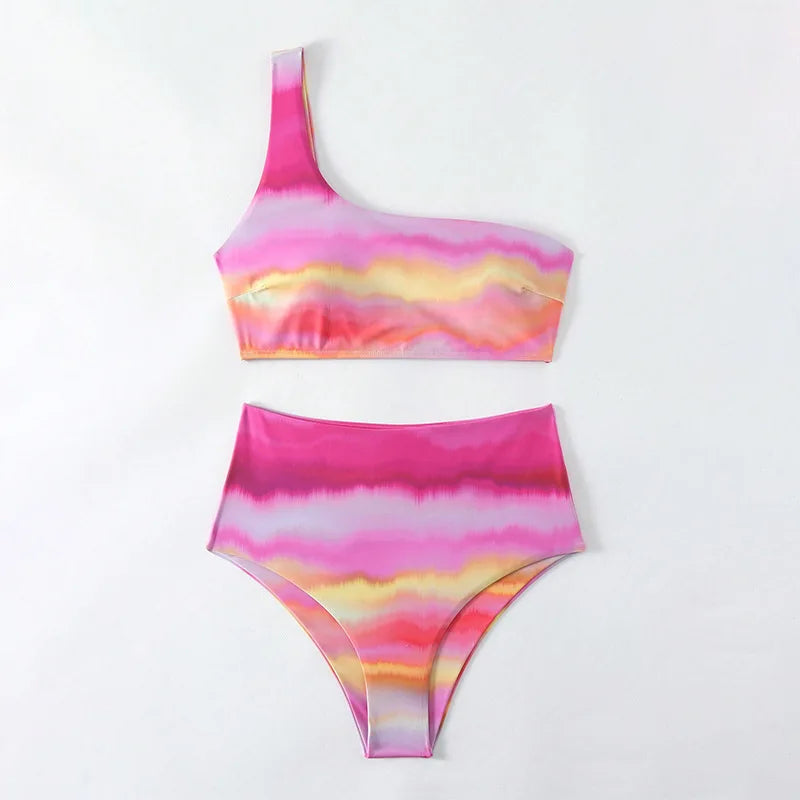 Rose Red Tie Dye Print Two Piece Swimsuit Single Shoulder Backless Bikini Set Beach Vacation High Waist Bathing Suit