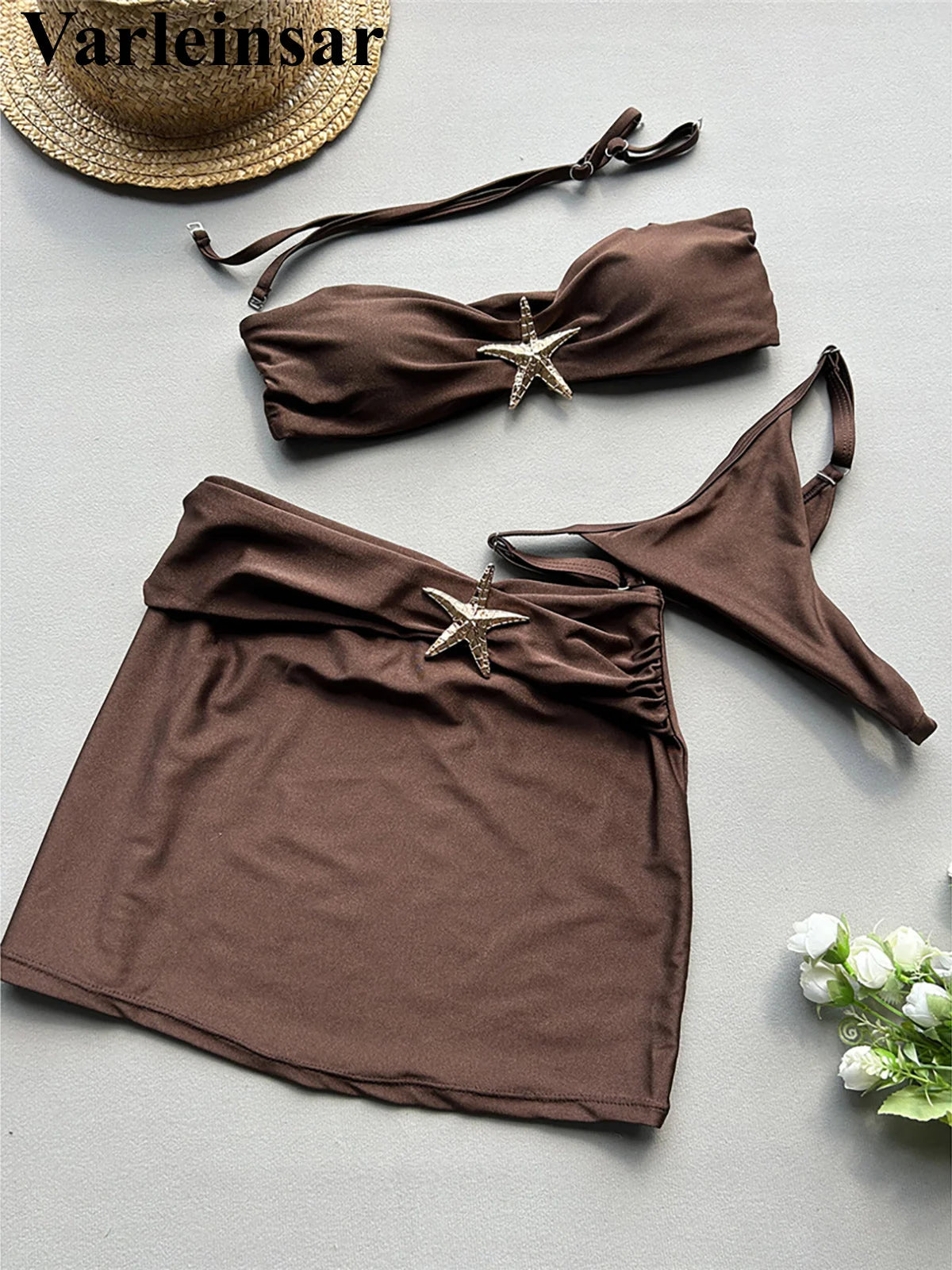 With Skirt Metal Star High Leg Cut Bikini Women Swimwear Female Swimsuit Three-pieces Bikini set Bather Bathing Suit Swim