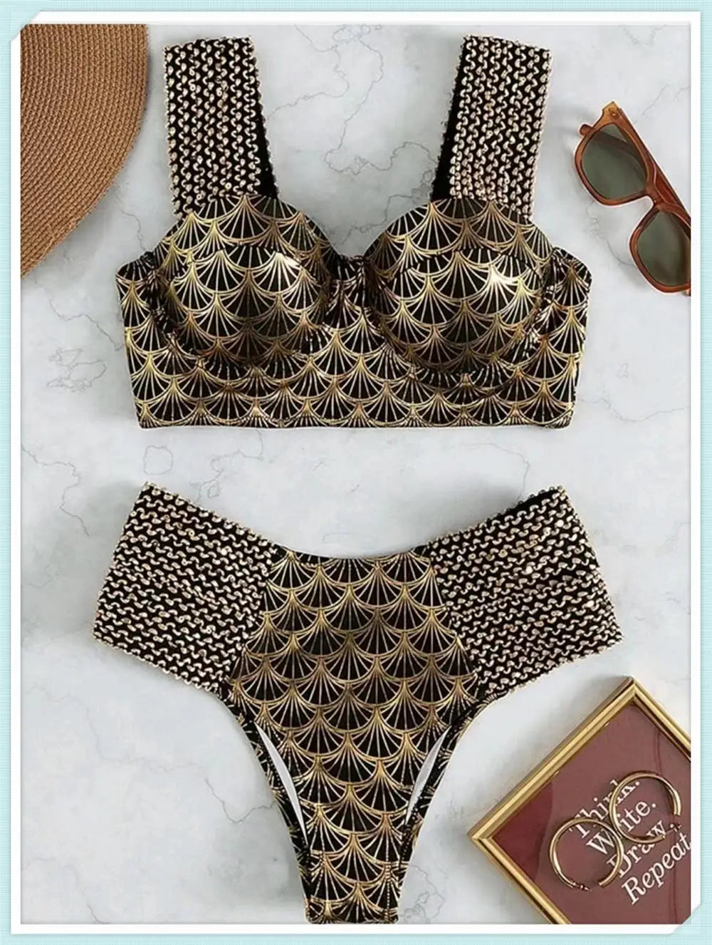 Metallic Stitch Strap Bikini Women Push Up Gold print Swimsuit Female High Waist Swimwear Bathers Bathing Suit Beachwear