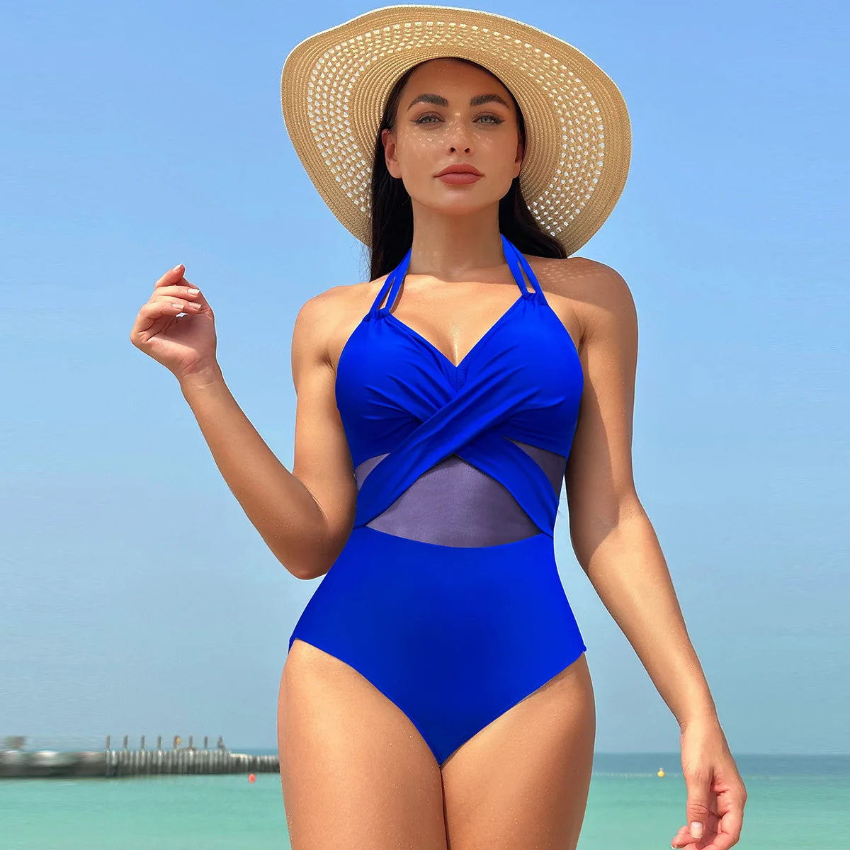 Pure Color Mesh Bikini Swimsuit One Piece Swimsuit Women's Summer