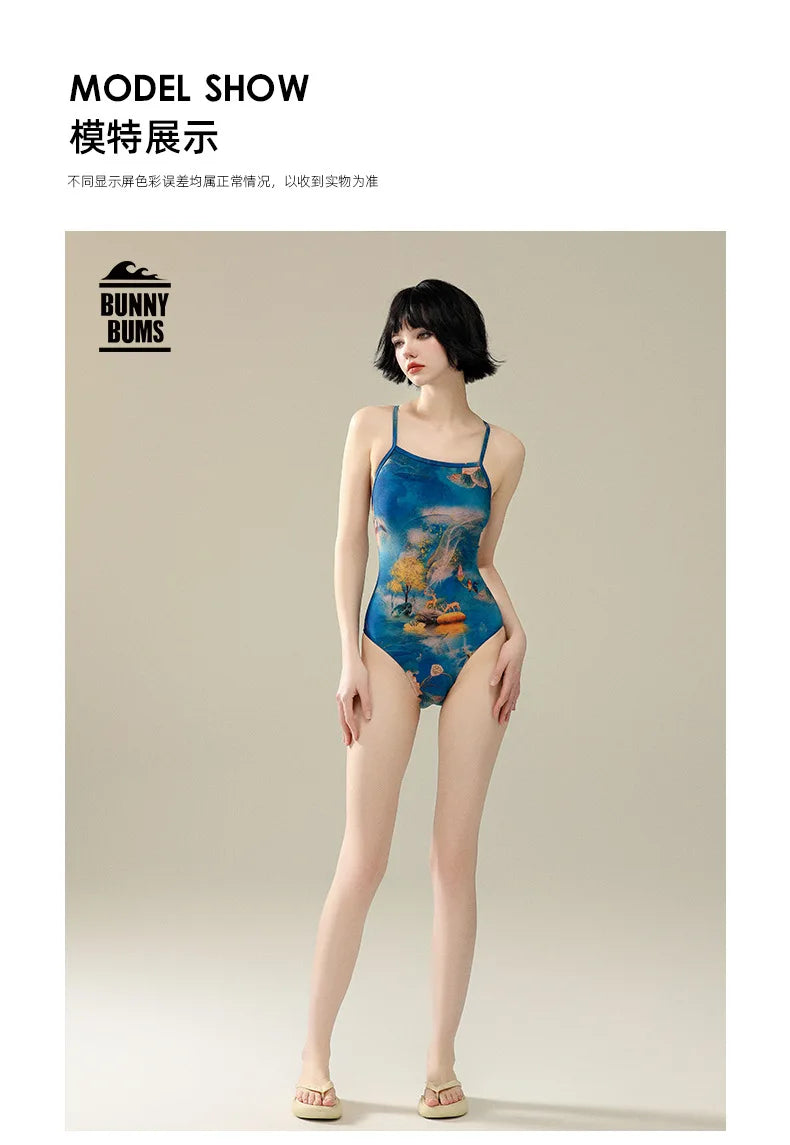 Bunny Bums Blue Flower Women Racing Swimsuit Training Special One-piece Swimsuit