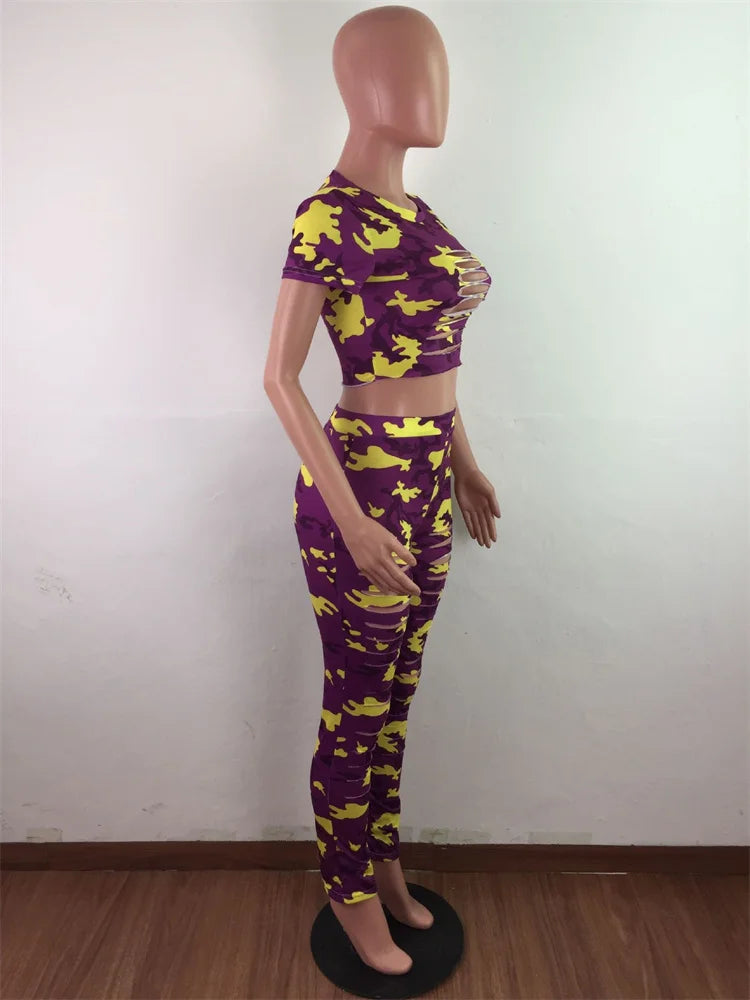 Wmstar Women Two Piece Set Summer Sport Fashion Casual Ripped Sweatshirt Sweat Camouflage Print Pant Sets Outfit Tracksuit