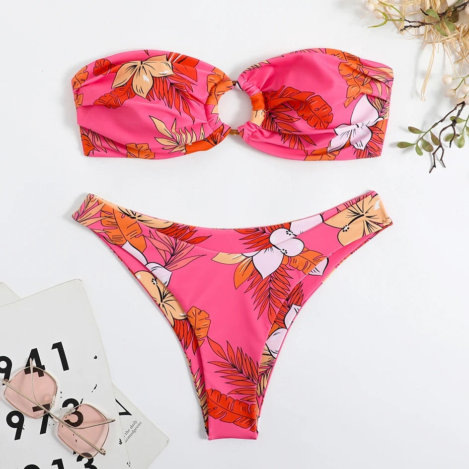 Floral Bikinis Bandeau Swimsuit for Woman Female Swimwear Women Thong Bikini Set Summer Swim Beach Wear Bathing Suits