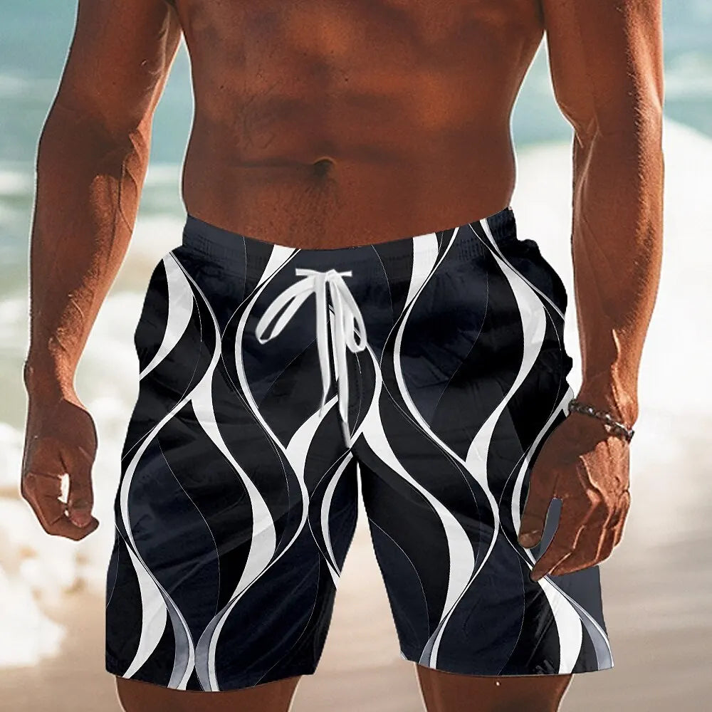 Men's Hawaiian swimming trunks 3D simple line printing shorts quick-drying outdoor leisure sports shorts fashionable men's short