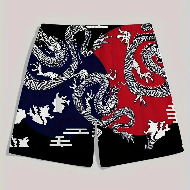 Flowers & Dragon Designs 3D Printed Colorful Neon Short Pants For Men Dragon Landscape Pattern Beach Shorts Summer Casual Street Breathable Swim Trunks