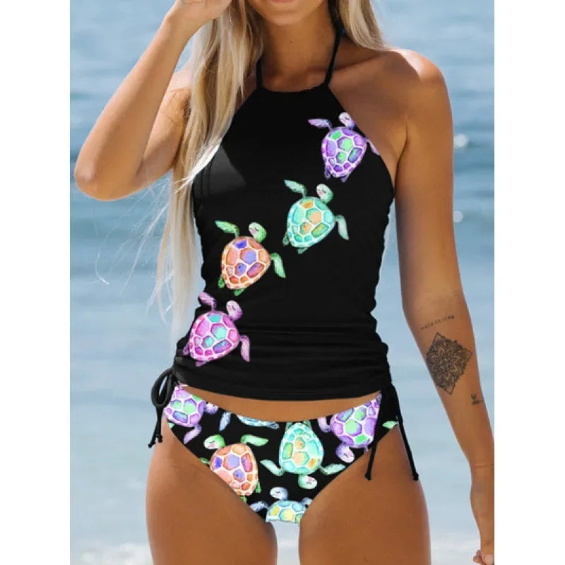 Women's Bathing Suit Coconut Drawstring Side Halter Neck Tankini Set Summer Beach Wear Cute Swimwear Women Swimsuit Bikini