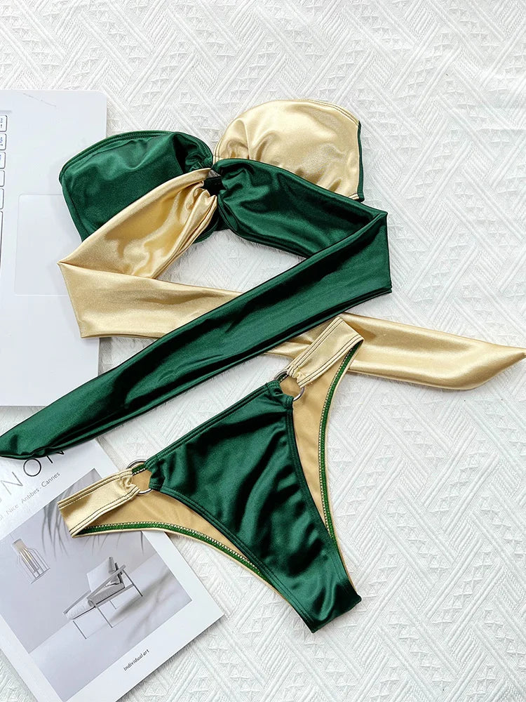 Splicing Strapless Bandeau Bikini Female Swimsuit Women Swimwear Two-pieces Bikini Set Metal Rings Bathing Suit Swim Beach Wear
