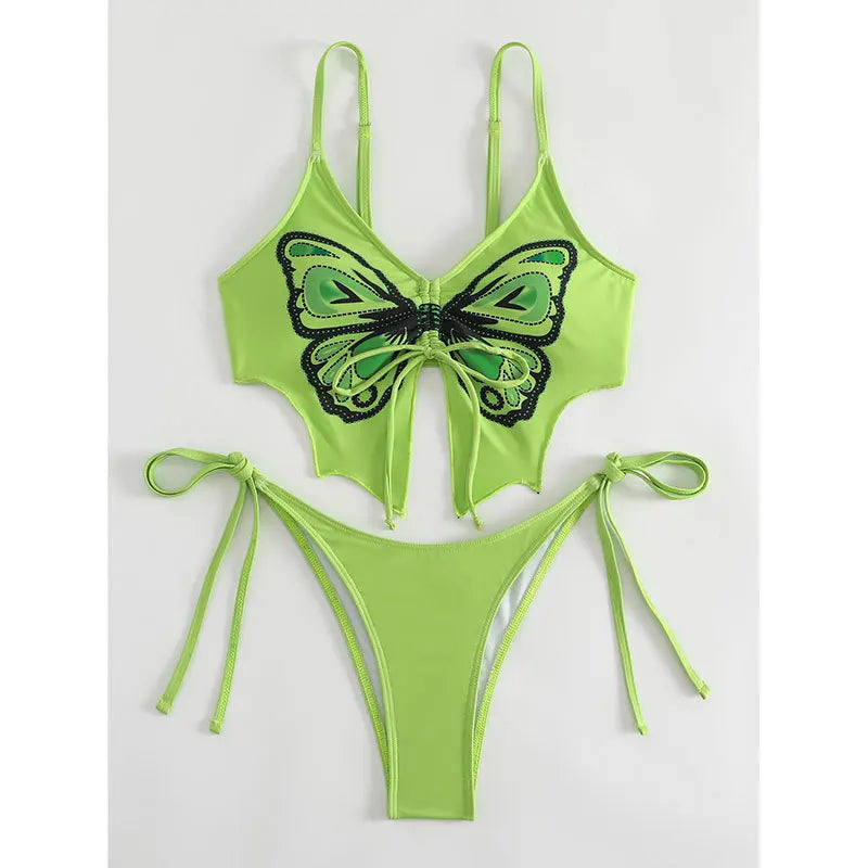 Butterfly Print Strapped Swimwear Women Tied High Cut Bikini Set Push Up Swimsuit Backless Summer Beach Bathing Suit Bathers