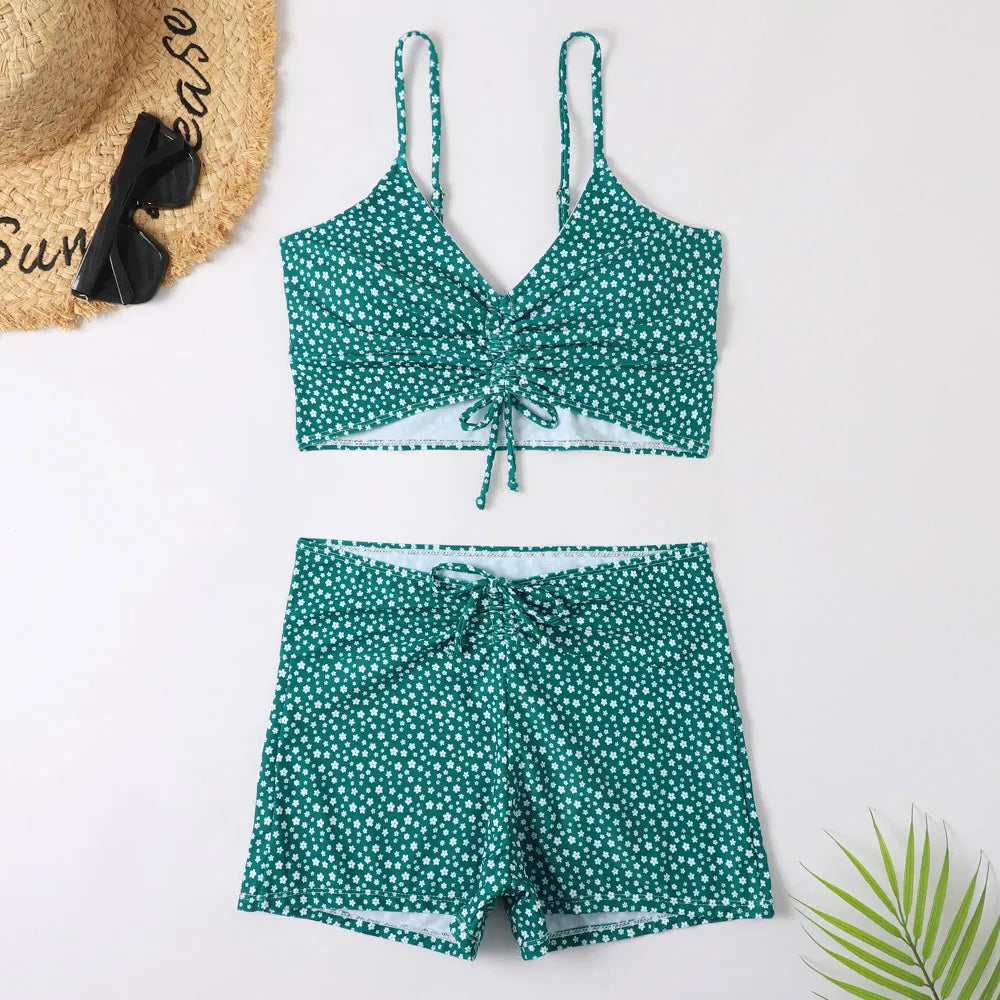 High Waist Bikini Swimsuit Women Floral Print Swim Suits Drawstring Front Shorts Boxers Swimwear Trunks Pool Bathing Suit