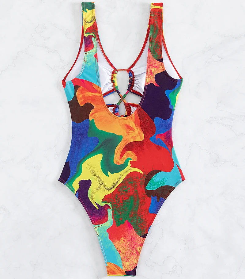 One Piece Swimsuit Women Colorful Monokini Swimwear Bathing Suits Deep V Backless Slimming Bodysuit Swimming Suit
