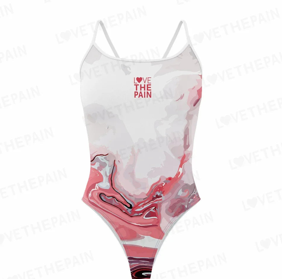 Blue Pink & Red Swirls Love The Pain Female One-piece Swimsuit Swimwear Functional Training