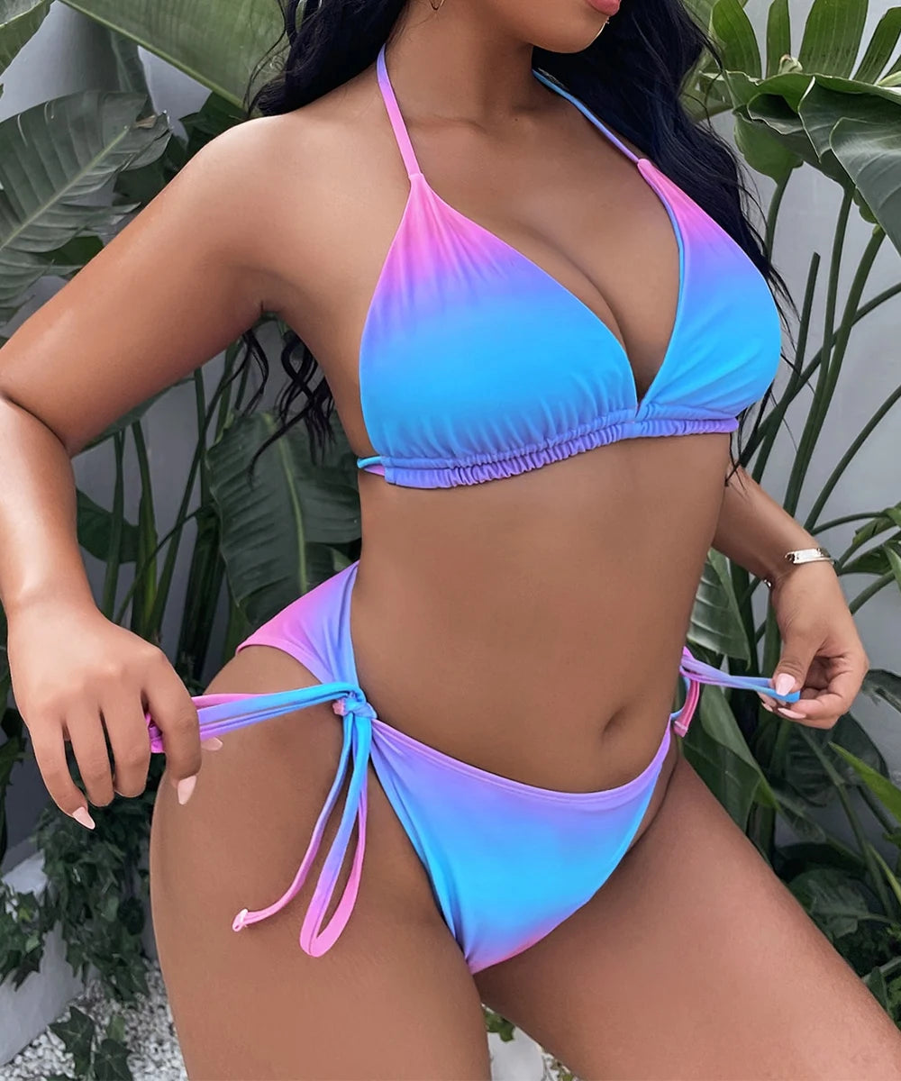 Plus Size Ombre Triangle Bikini & Beach Skirt Swimsuit Women Large Size Swimwear Female Bathers Bathing Swimming Suit Beachwear