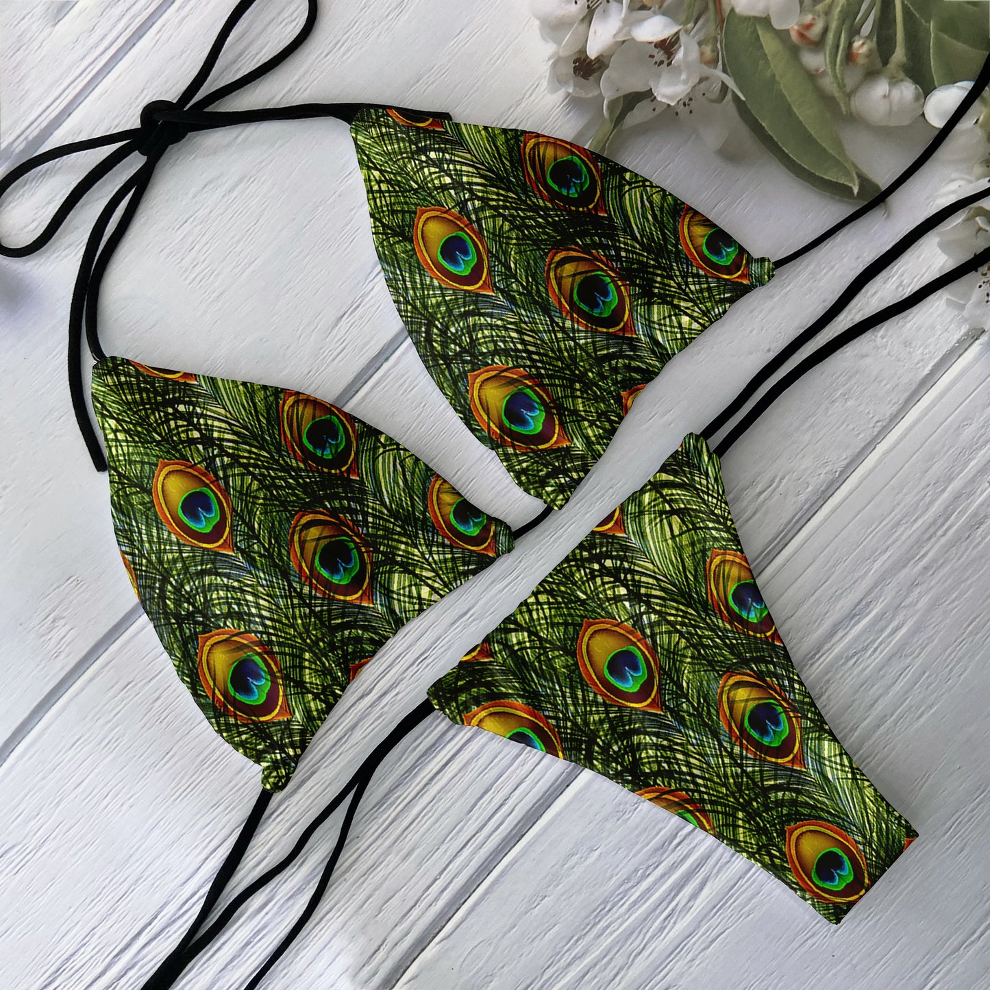 Fashion Ladies Bikini Set 3D Printed Peacock Feather Pattern Split Swimsuit Deep V Lace up Beach Vacation Surfing Swimsuit