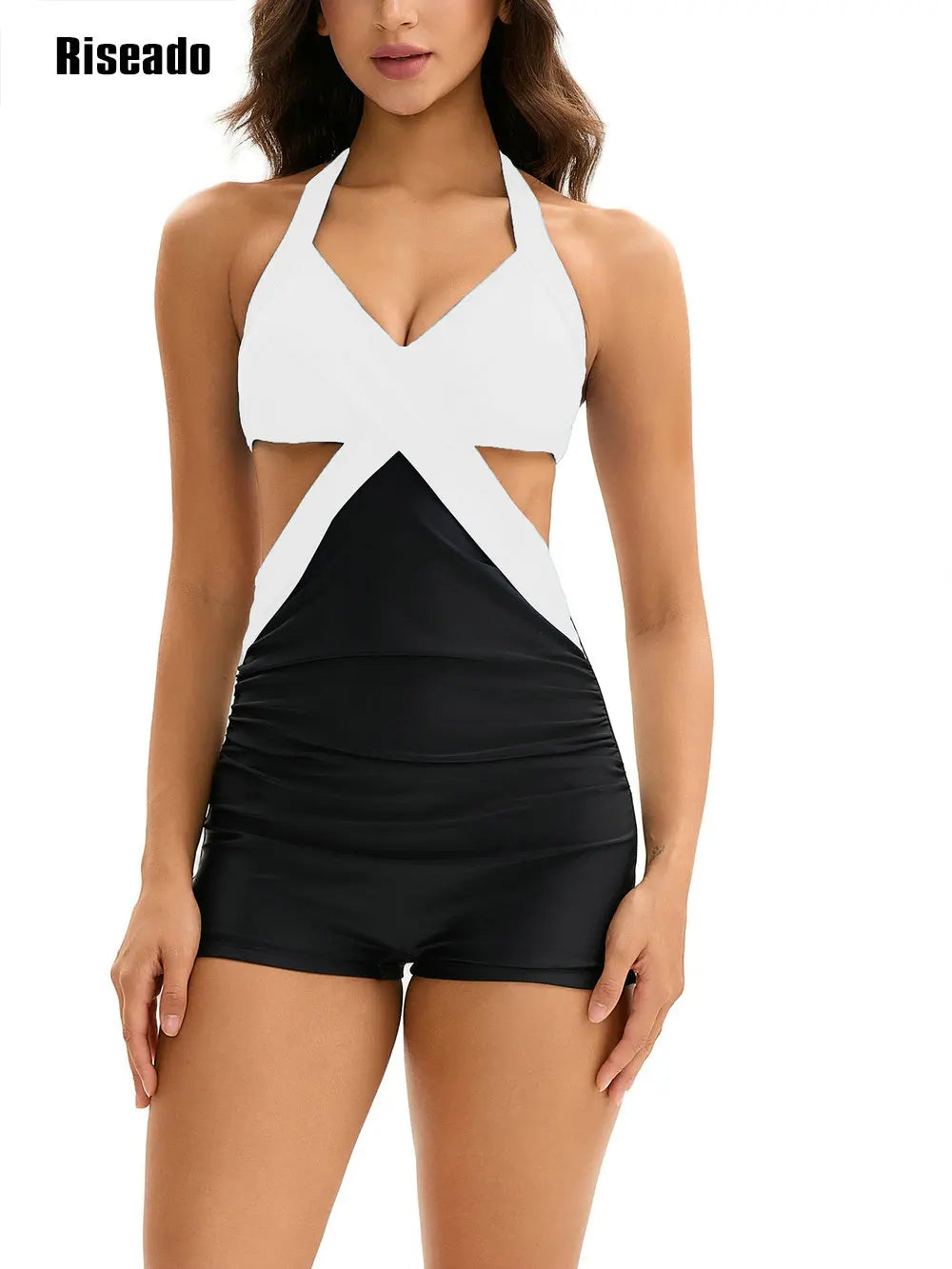 Women's High Wasit Tummy Control Swimsuits Halter One Piece Slimming Swimwear,Vintage Boyshorts Ruched Push Up Bathing Suit