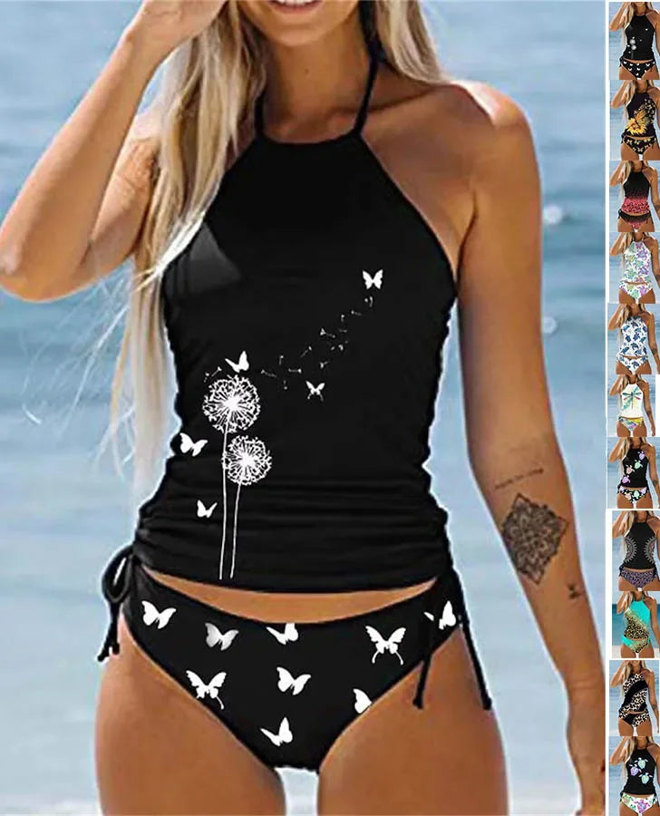Women's Double Strap Swimsuit Comfortable Vacation Beach Tankini Short Dandelion Print Bikini S-6XL