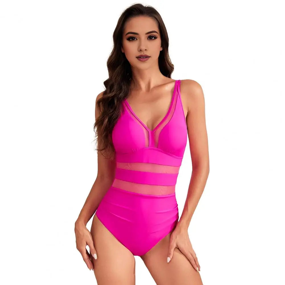 Hollow Mesh Splicing Monokini Swimsuit Stylish Women's Mesh Splicing One-piece Swimsuit Tummy Control V-neck Monokinis Beachwear