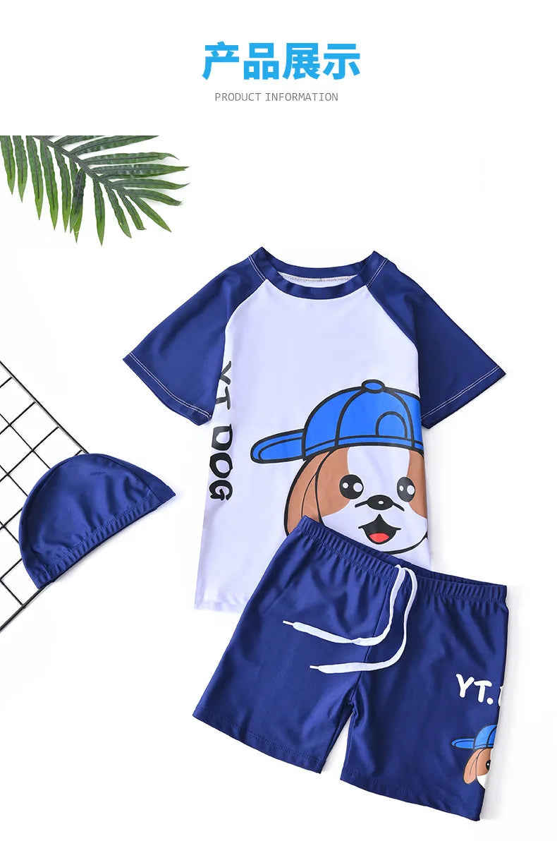 Children's Swimming Suit Teenage Boys' Swimsuits with Cap Cartoon Dog Sun Protection Short Sleeved Sports Swimwear Kids
