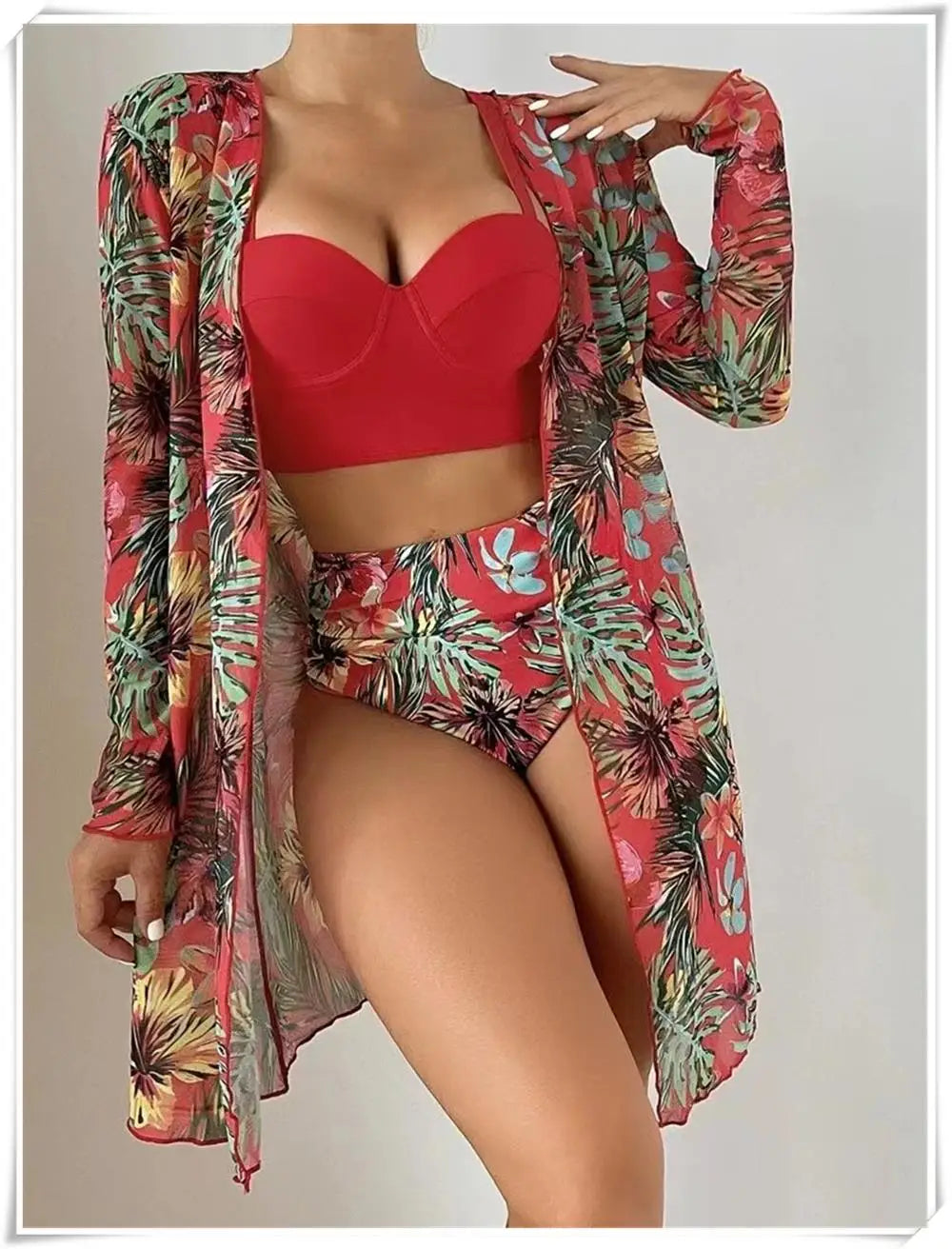 3 Piece Bikini Set Women Cover Up Swimwear Female Tropical Printed Swimsuit Push Up Beachwear Long Sleeve Bathing Suit