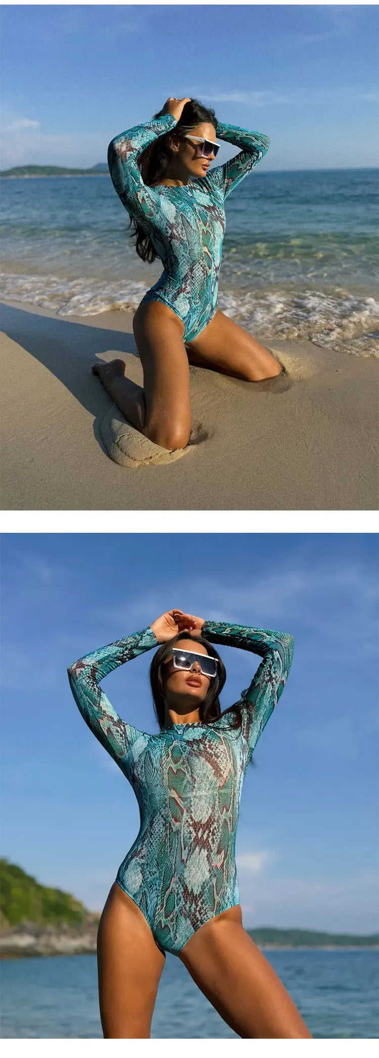Mesh High Waist Swimsuit Women Summer Bathing Suit Bikini Set Long Sleeve Swimwear Beach Swimming Suit For Female