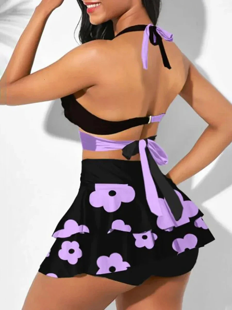 Printed Swimsuit Dress Push Up Bikini Women High Waist Swimwear Female Padded Bather Bathing Suit Swimming Beachwear Summer