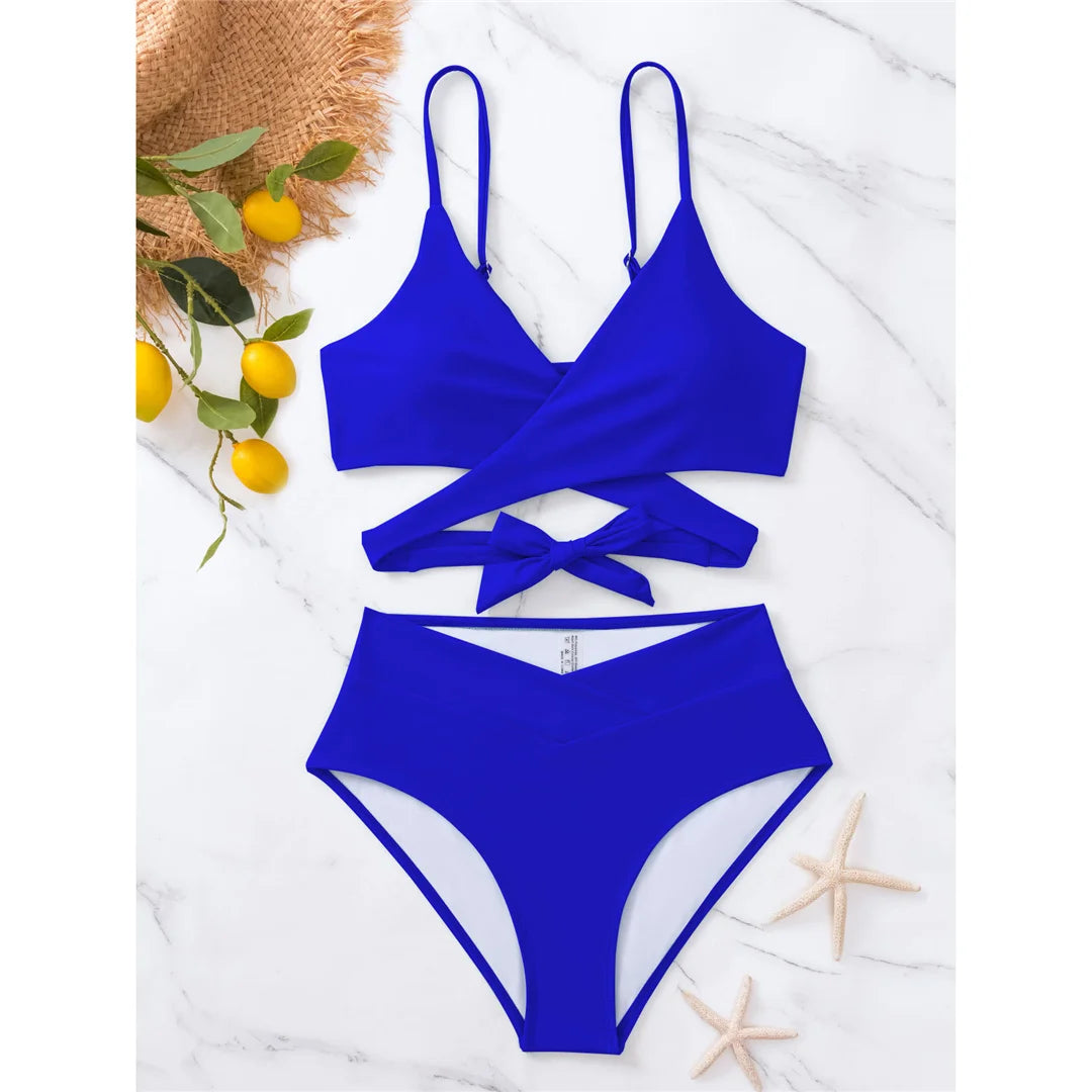 S - XL 7 Colors V Neck High Waist Bikini Female Swimsuit Women Swimwear Two-pieces Bikini set Bather Bathing Suit Swim