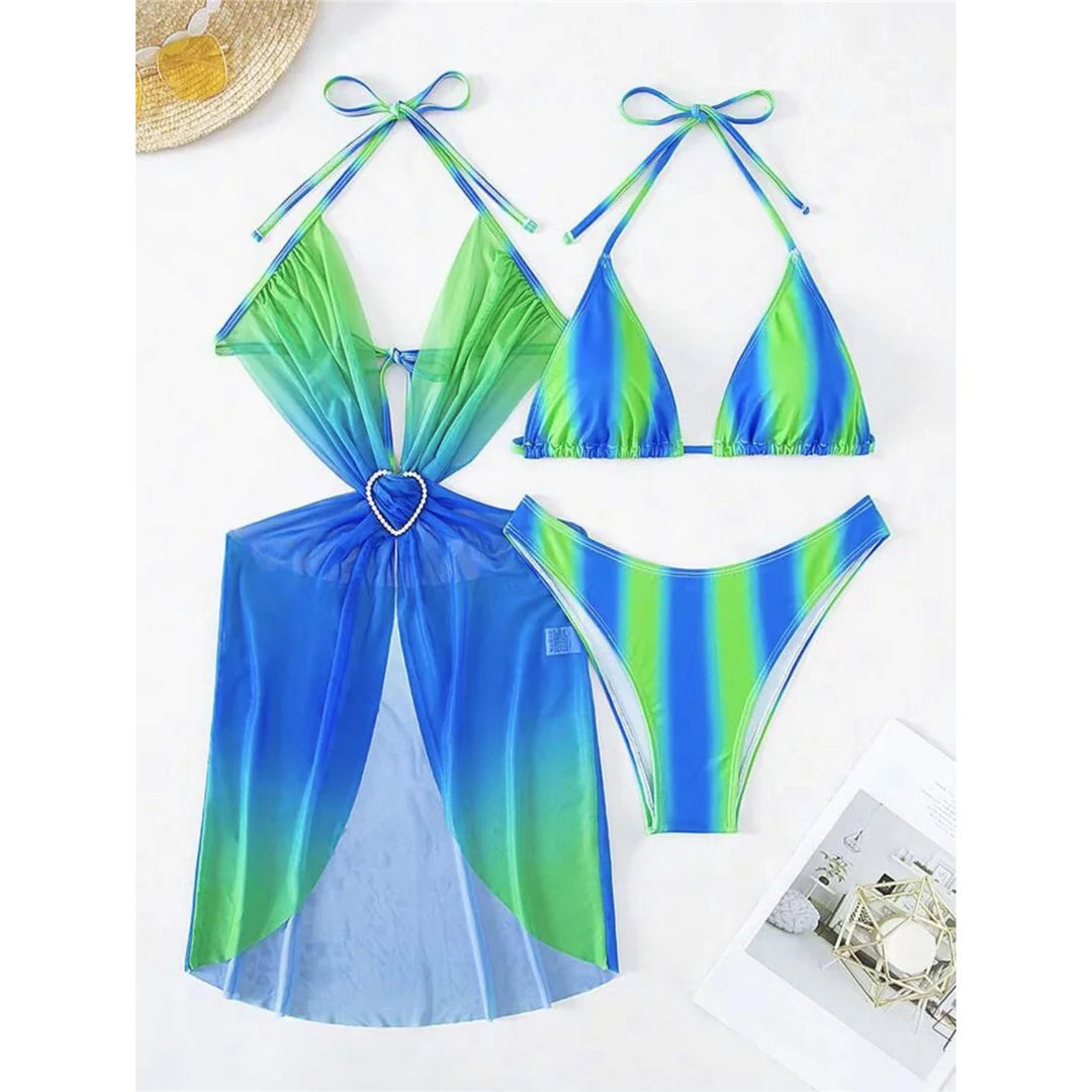 With Dress Tie Dye Striped Bikini Female Swimsuit Women Swimwear Three-pieces Bikini set Bather Bathing Suit Swim