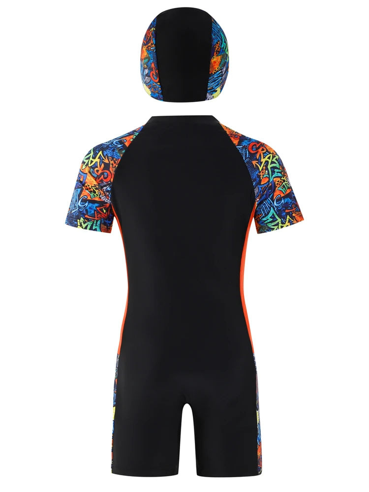 One Piece Boy Kids Swimsuit Solid Print Short Sleeves Children Swimwear Summer Zipper Beach Wear Bathing Suit Swimming