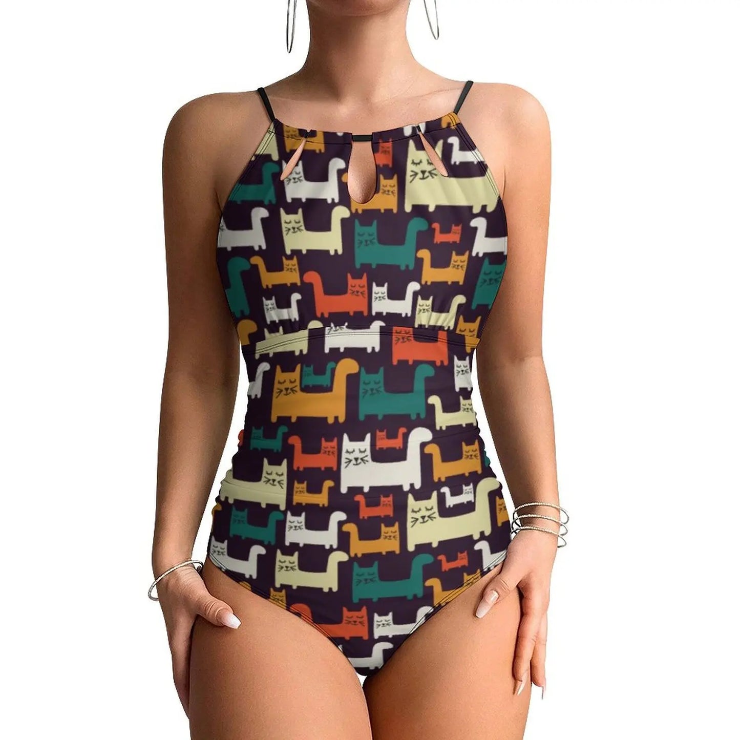 Cute Cats Swimsuit Funny Animal Swimwear One-Piece Vacation Bath Design Bodysuit Halter Bathing Suit Push Up Beachwear