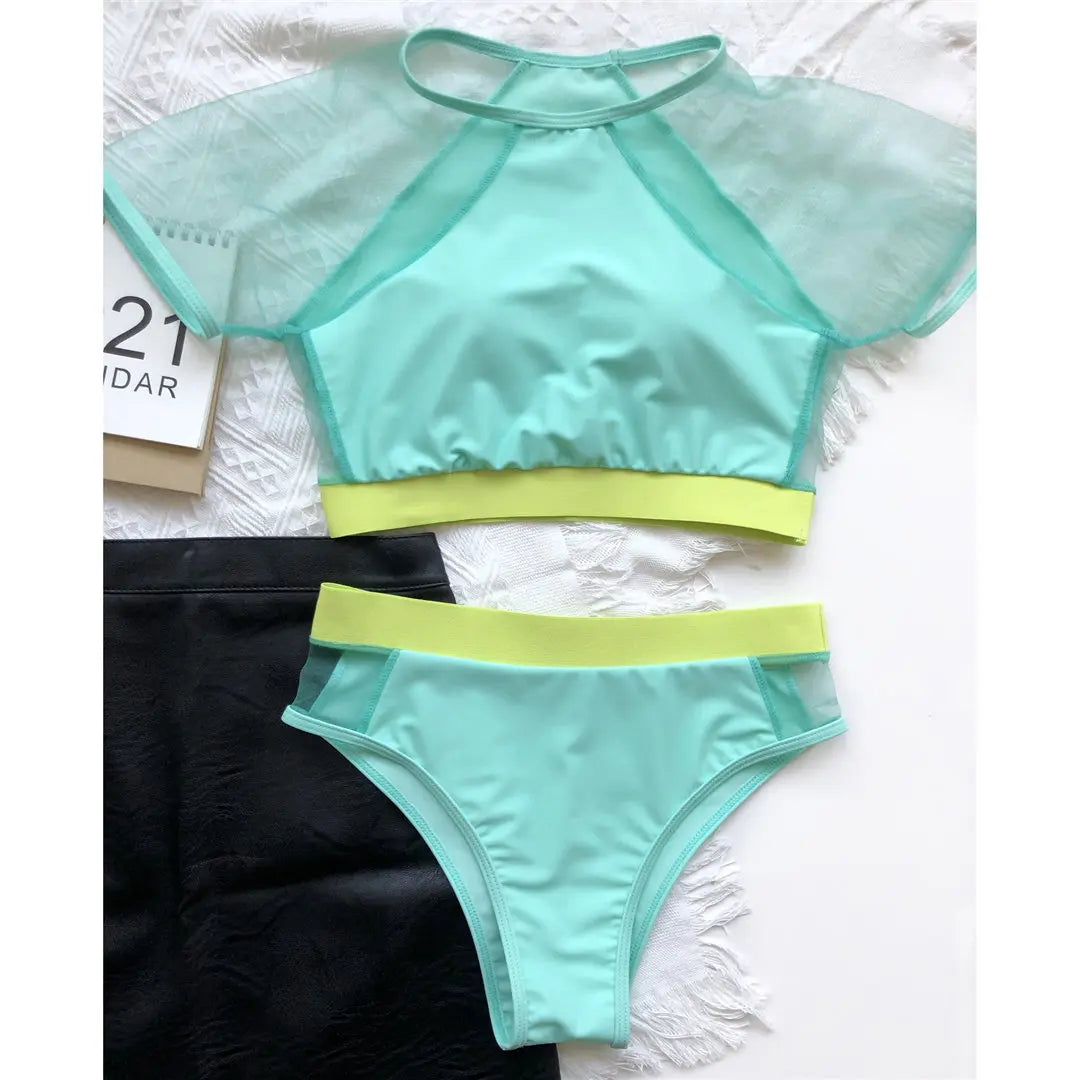 Neon Colours Short Sleeve Mesh High Waist Bikini Women Bikini Sets