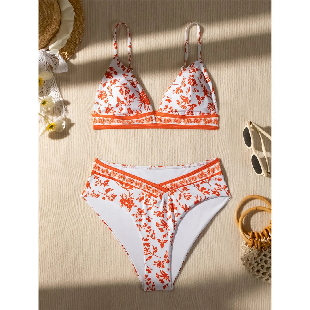 Flowers Printed High Cut Mid Waist Bikini Female Swimsuit Women Swimwear Two-pieces Bikini set Bather Bathing Suit Swim