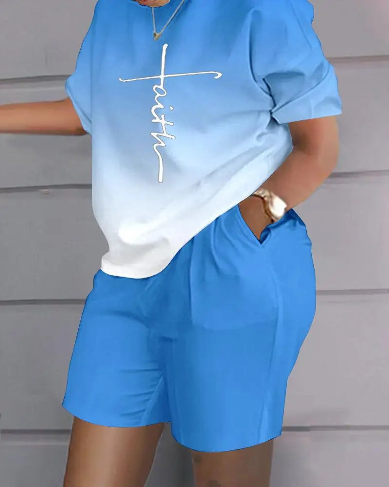 Women Casual Short Sleeve Two Piece Sets Womens Outifits Summer Letter Printed Pocket Suit Female T-shirt Shorts Matching Sets