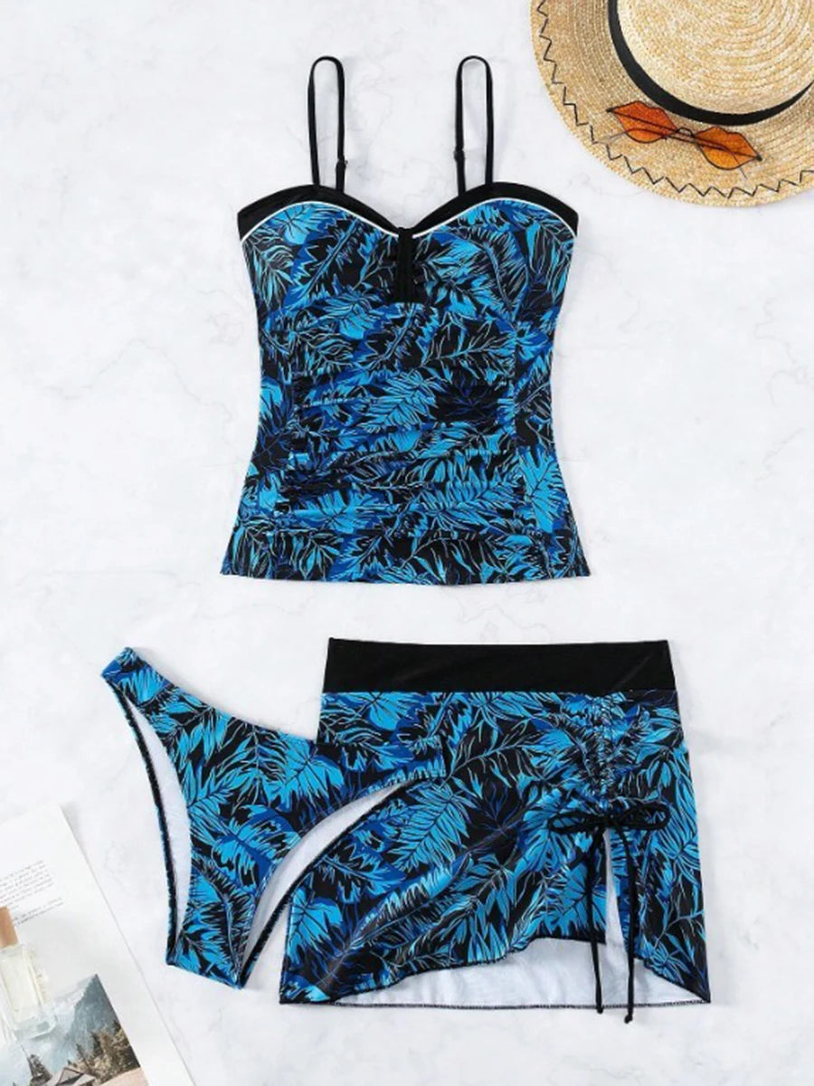 3 Pieces Print Tankini  & Beach Skirt Swimsuit Women Swimwear Female Bathers Bathing Swimming Suit Summer Beachwear