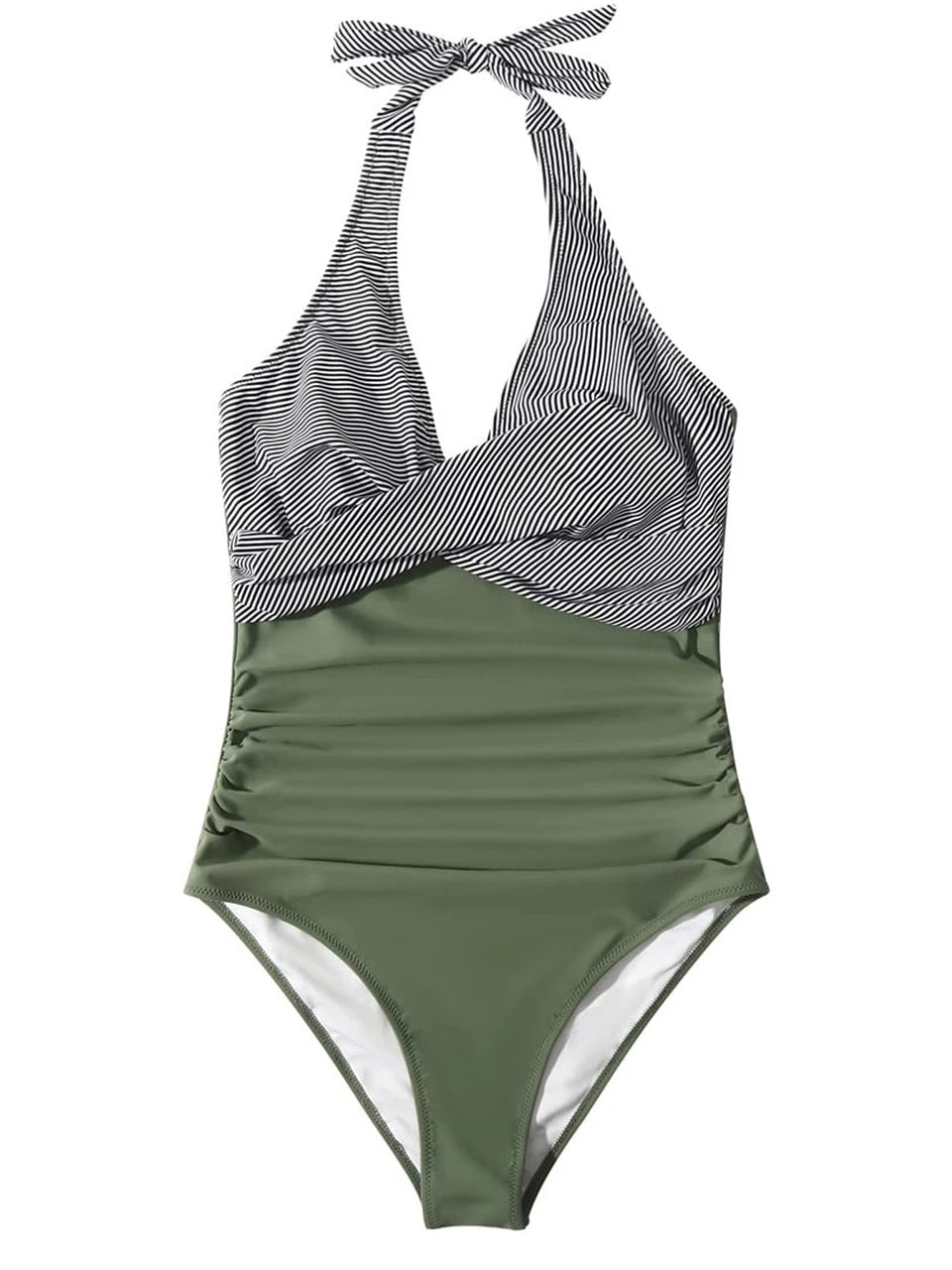 Halter Swimsuit Women One Piece Printed Cross Smocked Swimwear Female Bodysuit Bathing Swimming Suit Padded Beachwear