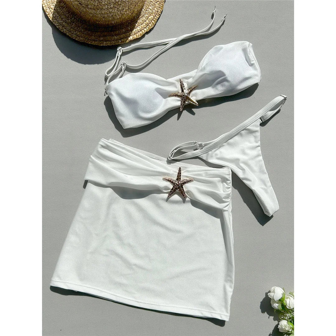 With Skirt Metal Star High Leg Cut Bikini Women Swimwear Female Swimsuit Three-pieces Bikini set Bather Bathing Suit Swim