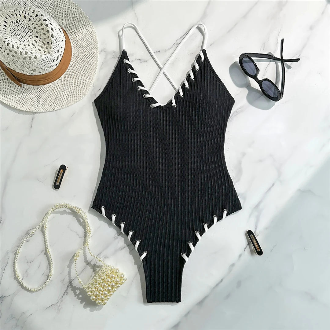 5 Colors V Neck Ribbed Cross Back One Piece Swimsuit Women Swimwear Female High Leg Cut Monokini Bather Bathing Suit Swim