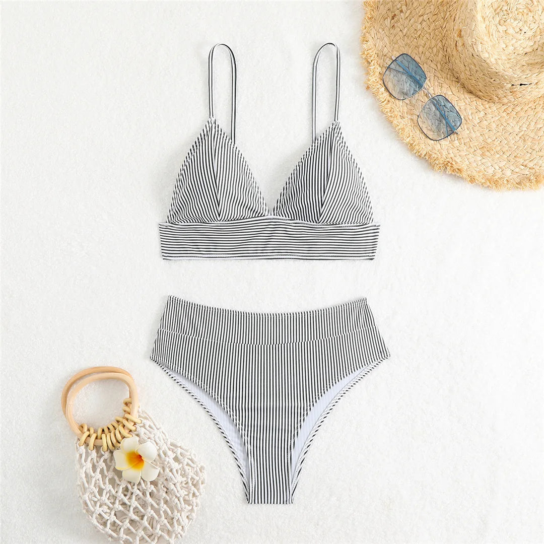 4 Colors V Neck Striped Female Swimsuit High Waist Bikini Women Swimwear Two-pieces Bikini set Bather Bathing Suit Swim