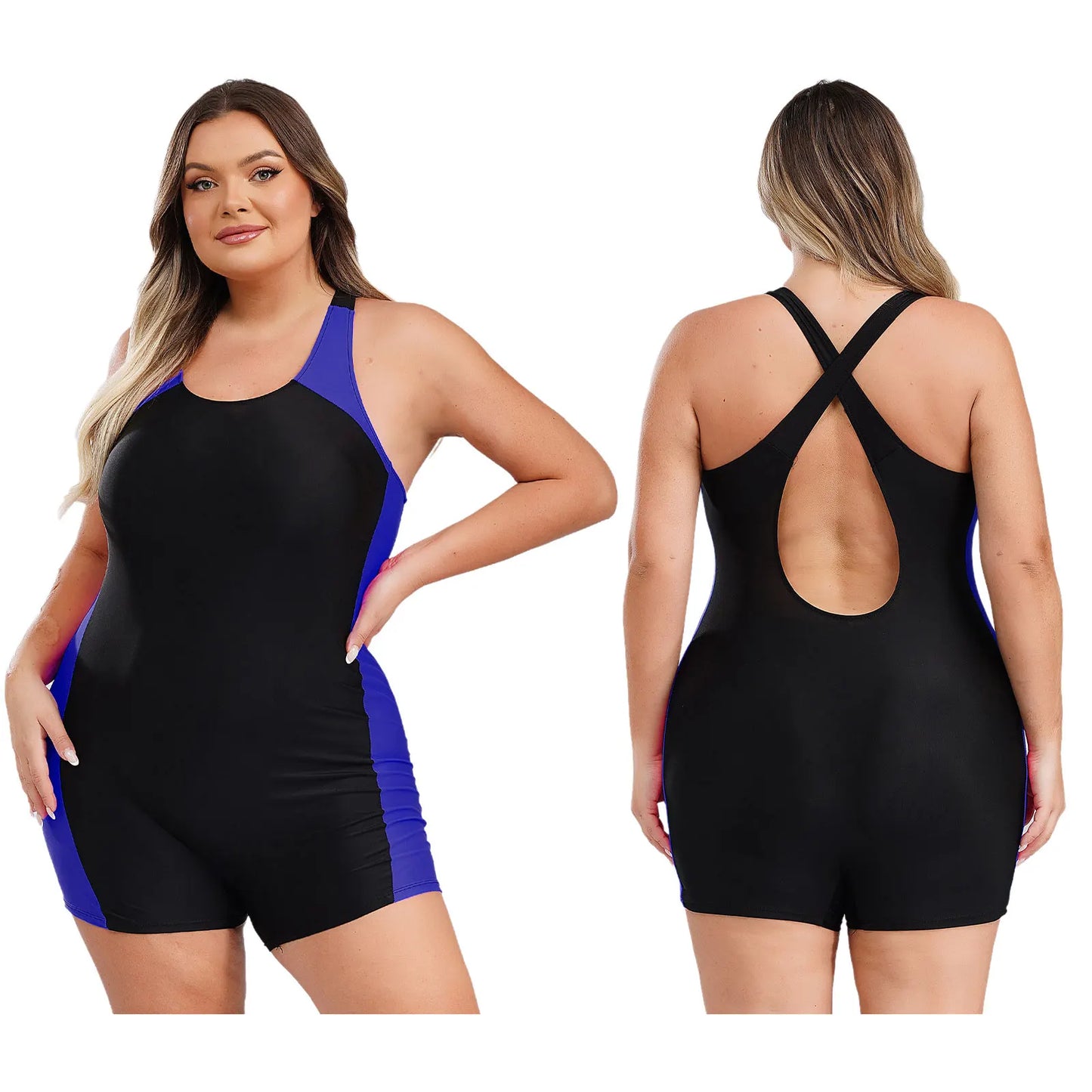 Women Swimsuit Plus Size One-piece Swimwear Swimming Jumpsuit U Neck Big Size Short Jumpsuit Bodysuit Pool Swimming Bathing Suit