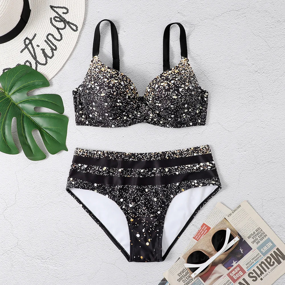 Push Up Bikini Set Women Printed Swimsuit Mid Waist Swimwear Female Bathers Swimming Bathing Swim Suit Beachwear