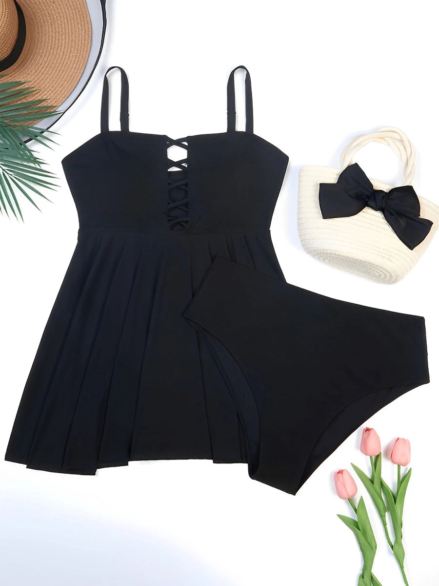 Large Size Hollow Out Tankini 2 Pieces Swimsuit Women High Waist Swimwear Female Bathing Swimming Swim Suit Beach Bathers