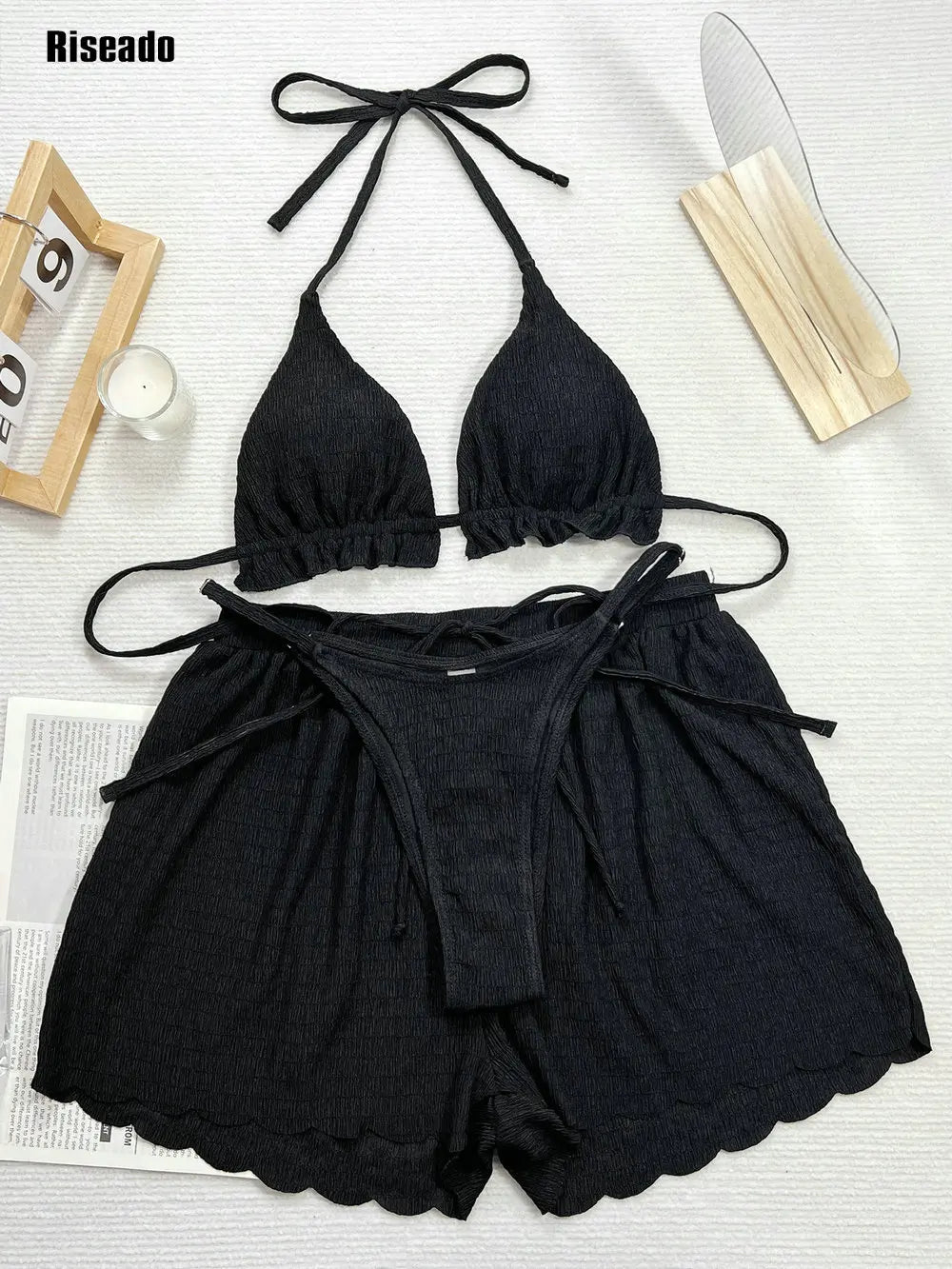 Women's Bikinis Set 3 Piece Thong Micro Bikini with Shorts Bottom Solid Mini Beach Suit