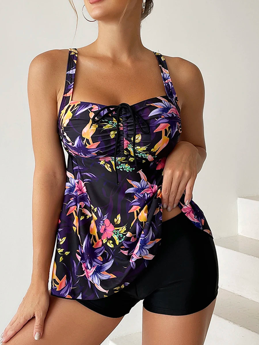 Floral Printed Tankini Set Two Piece Swimsuit Short Women Drawstring Swimwear Female Bathing Suit Beachwear Swimming Summer
