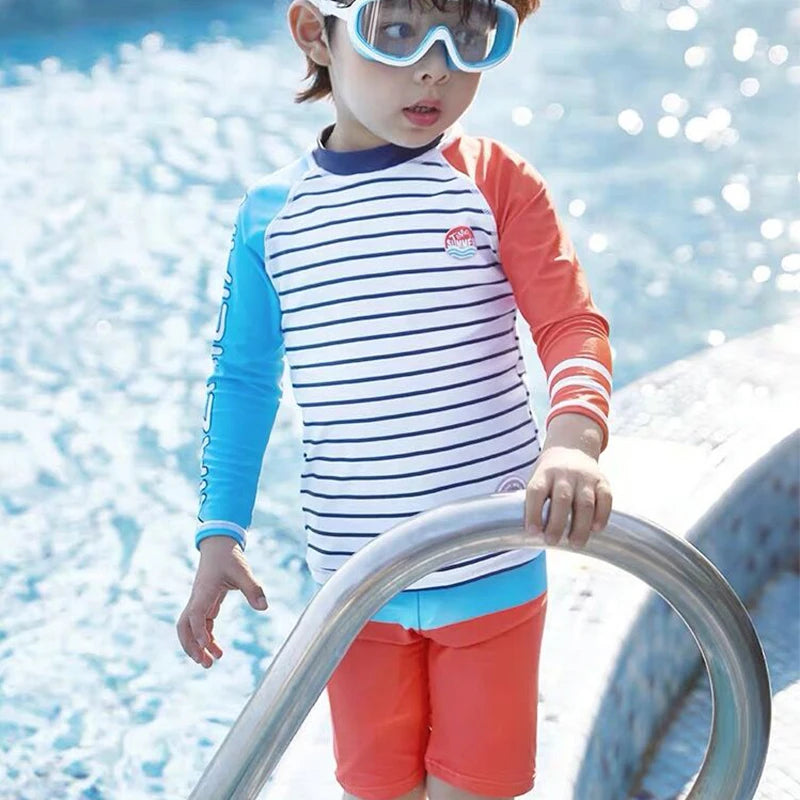 Boys' Stripe & Shark Long-Sleeve Rash Guard Set with Shorts & Cap