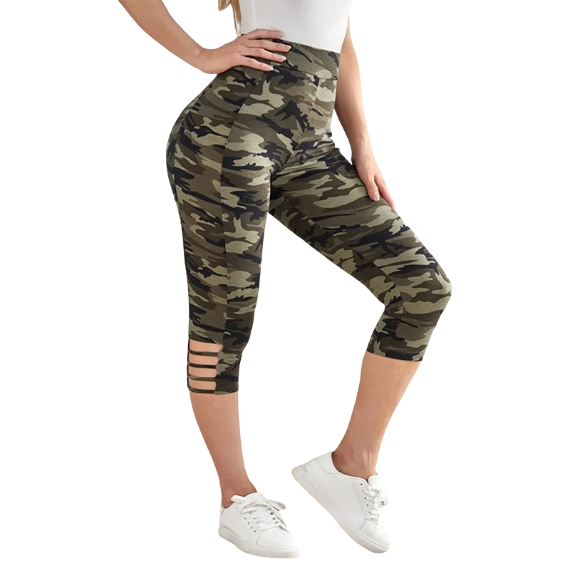 Plus Size Women's Camo Capri Leggings with Side Stripe Cutouts Stylish High Elasticity Knit Sporty Fashionable Casual Pants
