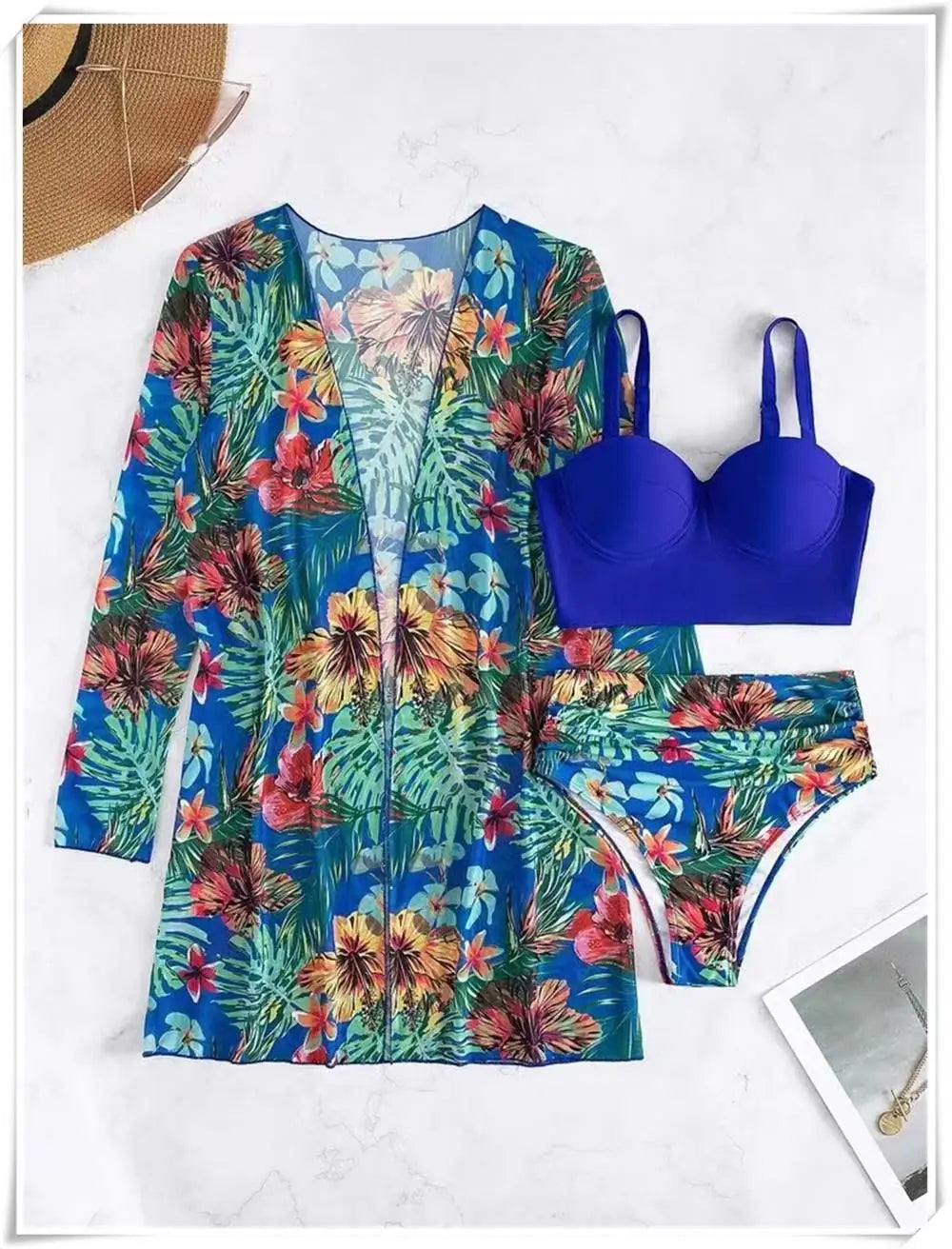 3 Piece Bikini Set Women Cover Up Swimwear Female Tropical Printed Swimsuit Push Up Beachwear Long Sleeve Bathing Suit