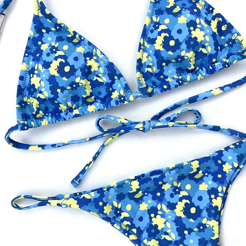 Floral Print Halter Mini Micro String Bikini Female Swimsuit Women Swimwear Two-pieces Bikini Set Bather Bathing Suit Swim Lady