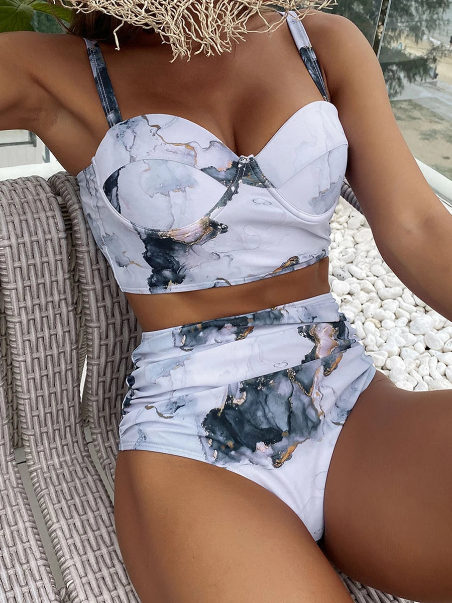 Push Up Swimsuit Women High Waist Bikini Set Butterfly Print Swimwear Female Padded Bathing Suit Swimming Beachwear Summer