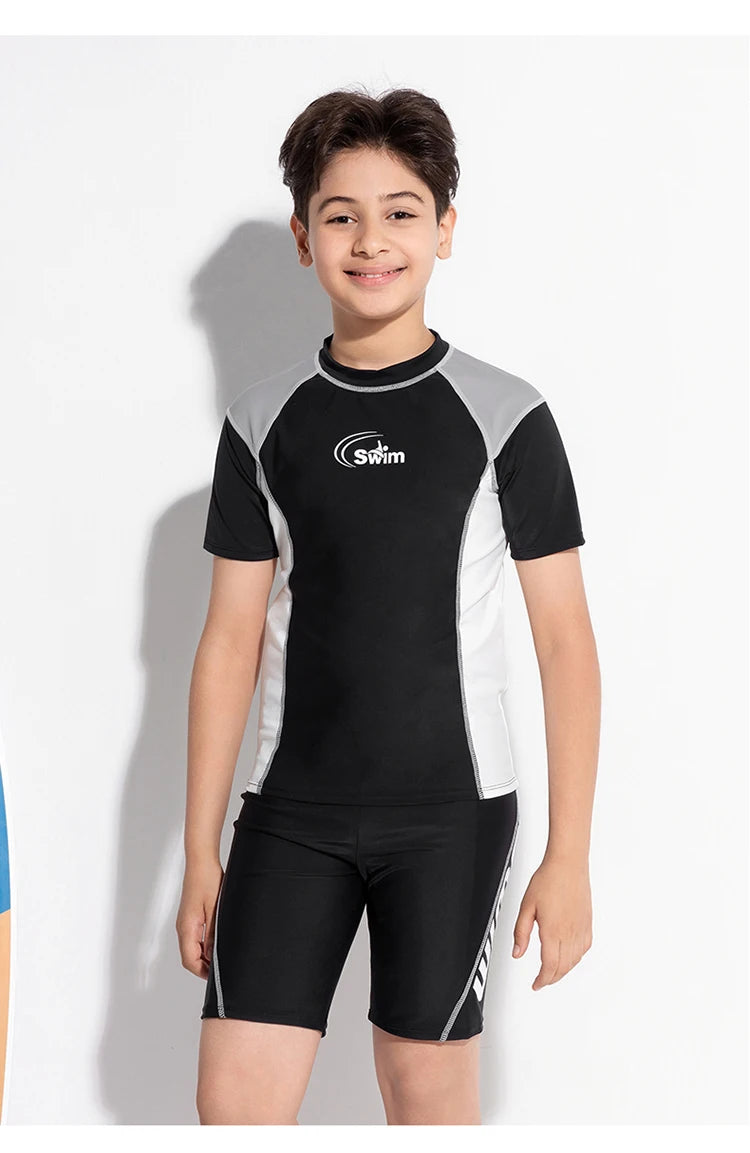 Boy Swimwear Short Shirt Two Piece Short Sleeve Solid Patchwork Teenager Children Kids Swimming Beach Wear 2024 9-16 years
