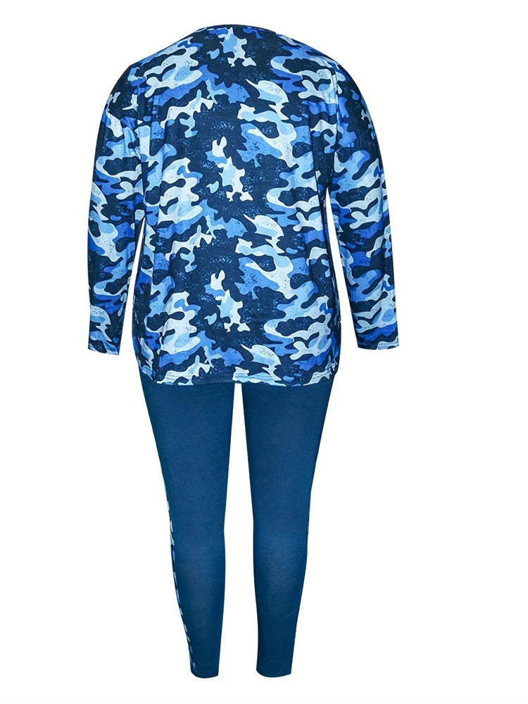 Wmstar Plus Size Women Clothes Camouflage Printed Stretch Long Sleeve Shorts Fashion Casual Two Piece Set